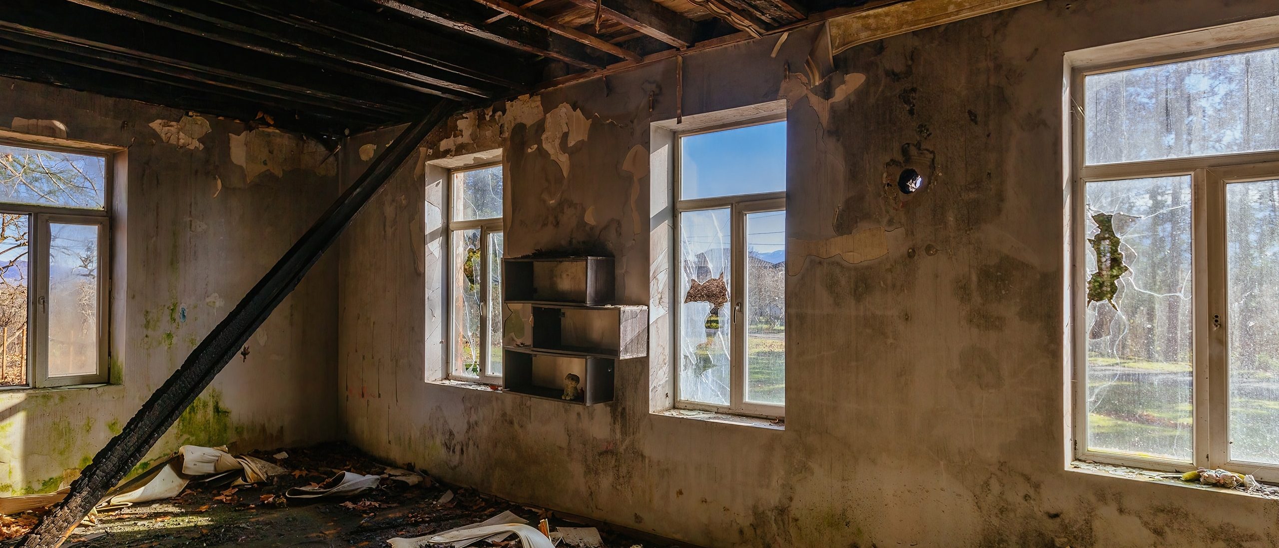 interior view of fire damage to house