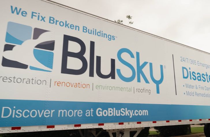 BluSky Restoration truck at scene of restoration